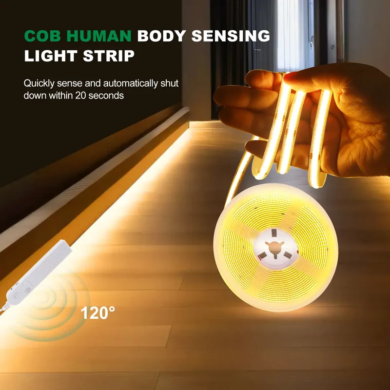 Motion Sensor COB LED Strip Light for Cabinets & Closets - Battery-Powered, 320 LEDs/m