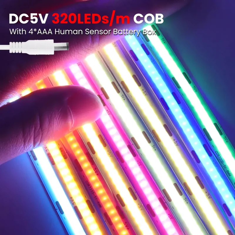 Motion Sensor COB LED Strip Light for Cabinets & Closets - Battery-Powered, 320 LEDs/m