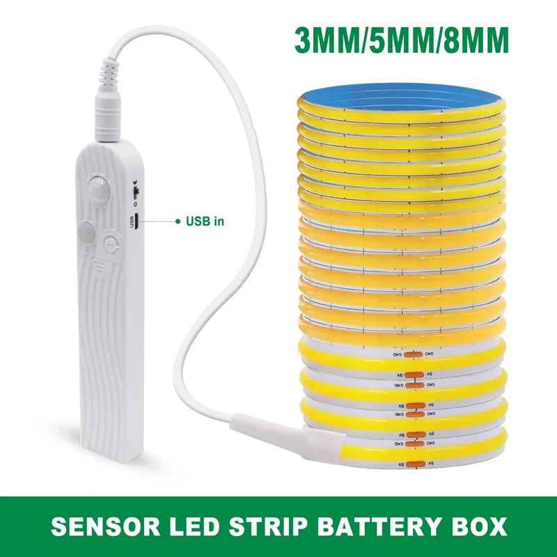 Motion Sensor COB LED Strip Light for Cabinets & Closets - Battery-Powered, 320 LEDs/m