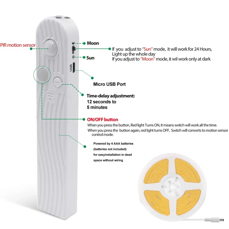 Motion Sensor COB LED Strip Light for Cabinets & Closets - Battery-Powered, 320 LEDs/m
