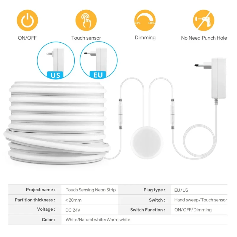 Self-Adhesive COB Neon LED Strip Light for Under Cabinet - Penetrating Touch Sensor, 24V