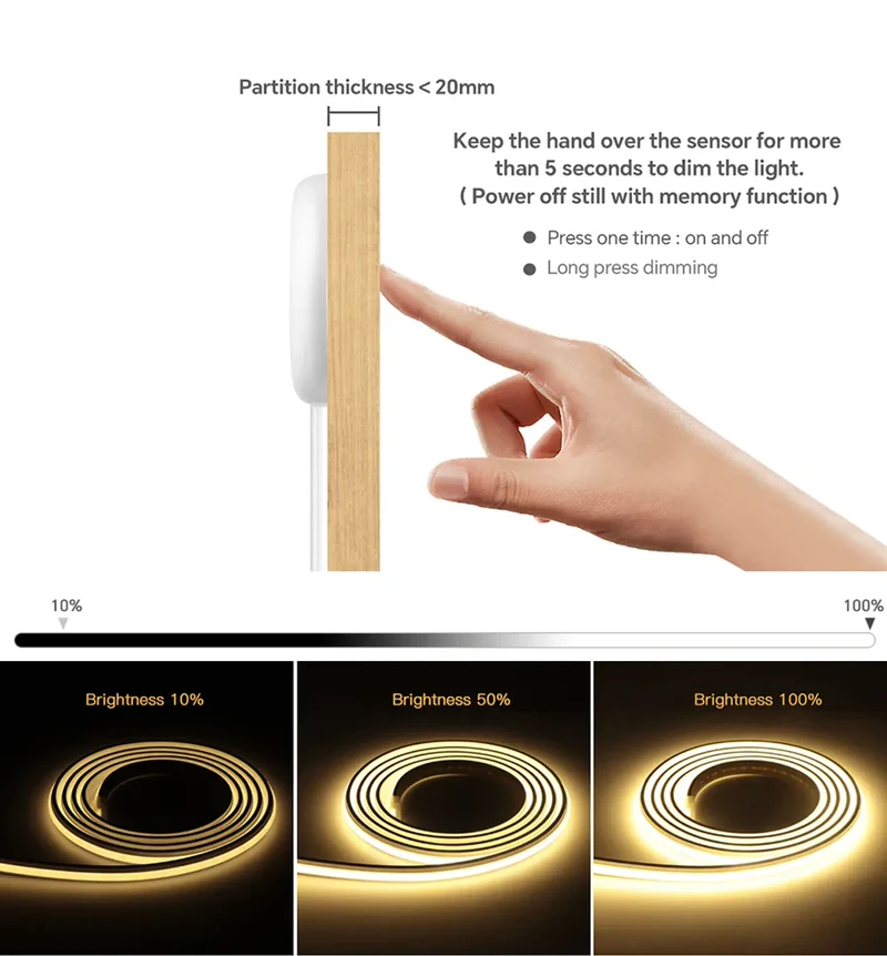 Self-Adhesive COB Neon LED Strip Light for Under Cabinet - Penetrating Touch Sensor, 24V