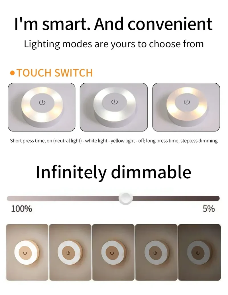 Touch-Dimmable Rechargeable LED Puck Night Light - Magnetic Mount, USB Charging