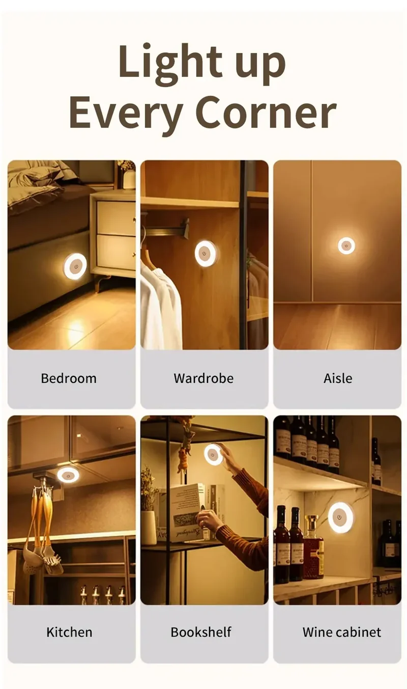 Touch-Dimmable Rechargeable LED Puck Night Light - Magnetic Mount, USB Charging
