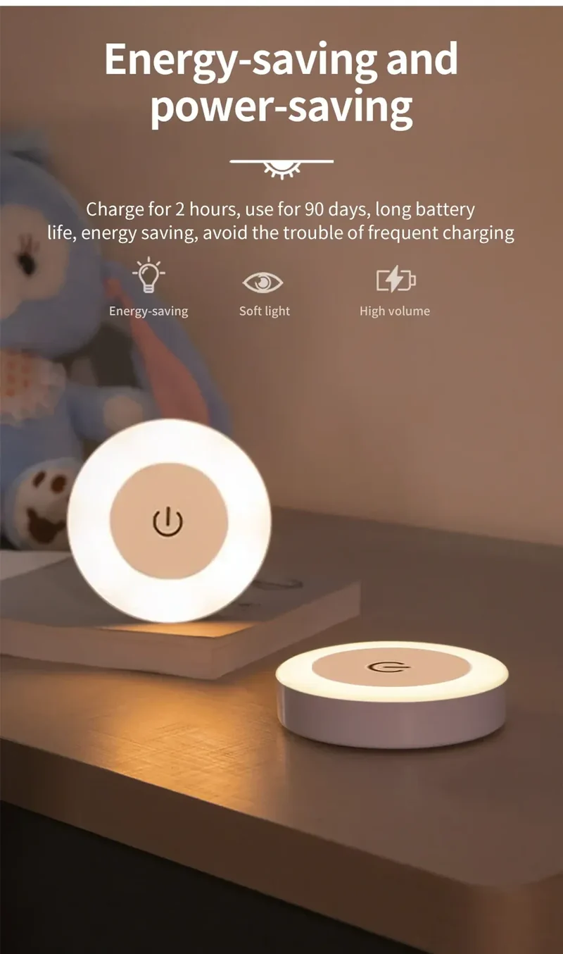 Touch-Dimmable Rechargeable LED Puck Night Light - Magnetic Mount, USB Charging