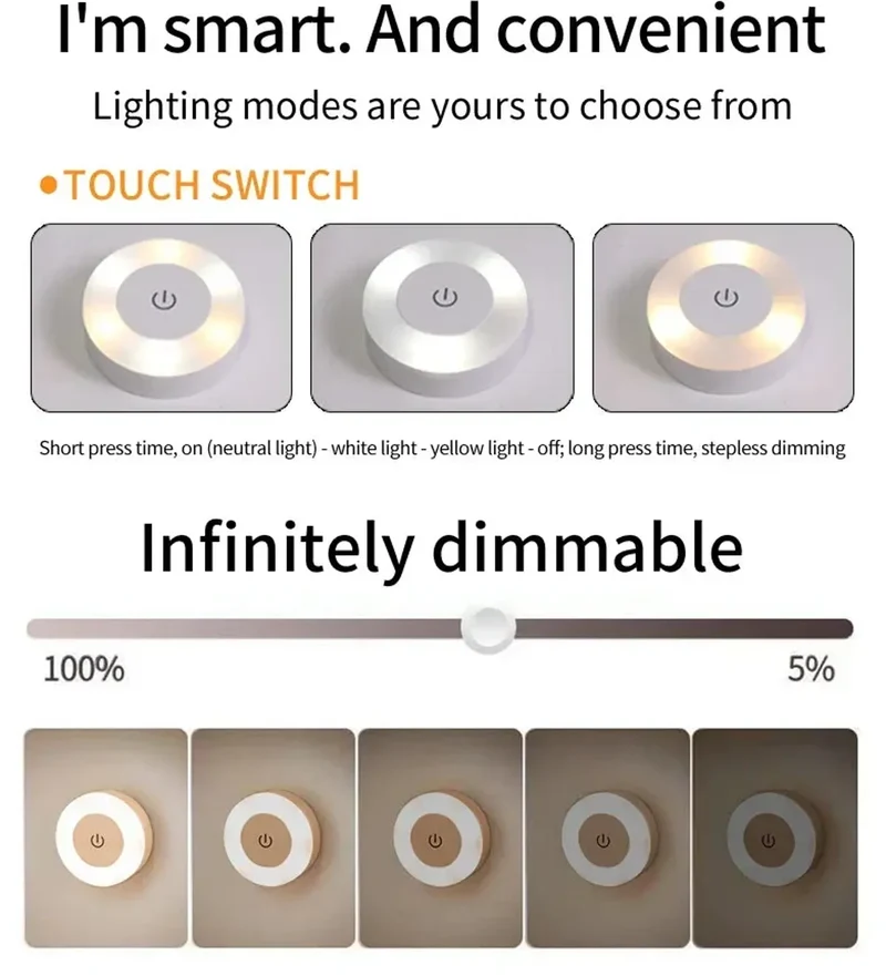 Touch-Dimmable Rechargeable LED Puck Night Light - Magnetic Mount, USB Charging