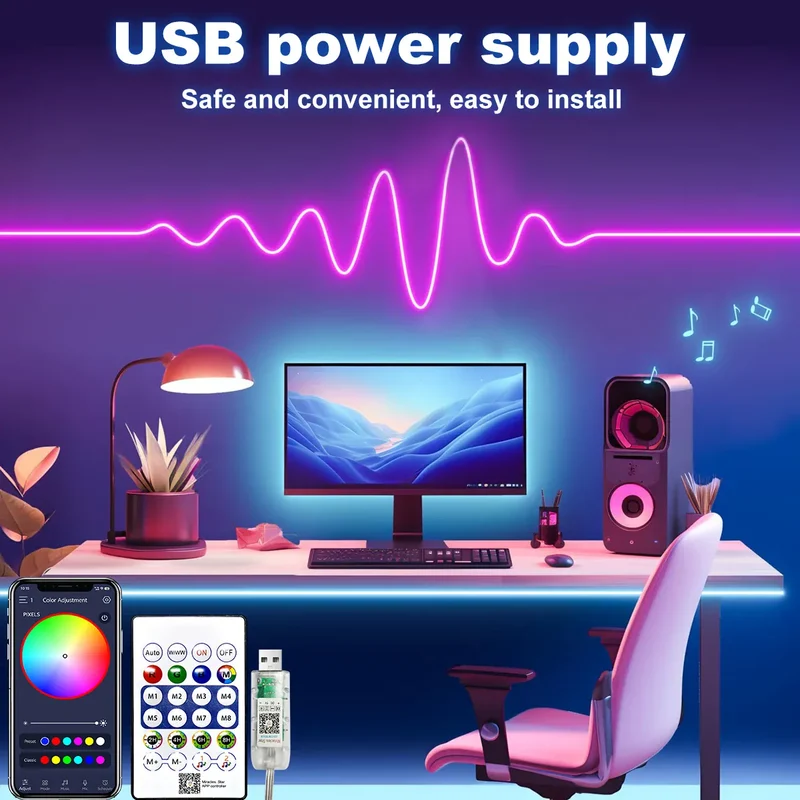 5V RGBIC Neon LED Strip Light - Bluetooth App Control, Waterproof, USB Powered
