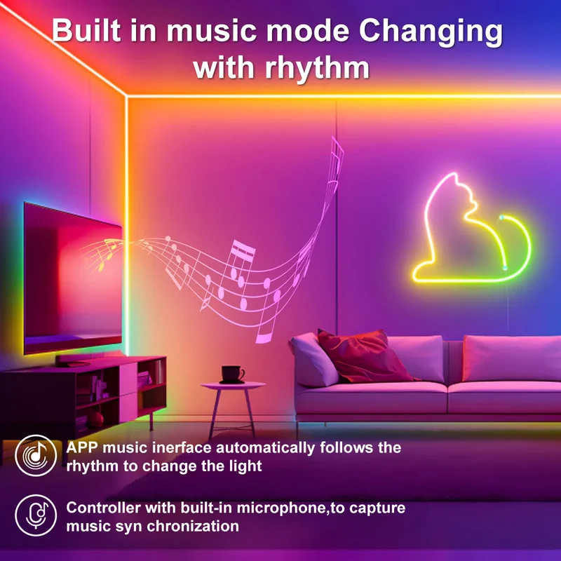 5V RGBIC Neon LED Strip Light - Bluetooth App Control, Waterproof, USB Powered