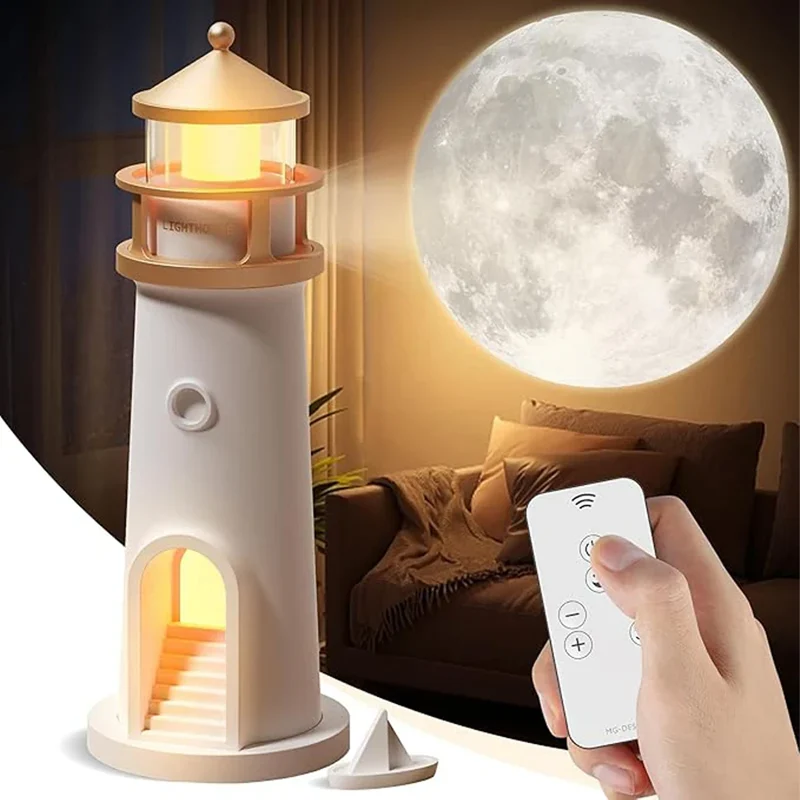 Moon Projection Lighthouse Night Light - Remote Control, Motion Sensor, Rechargeable