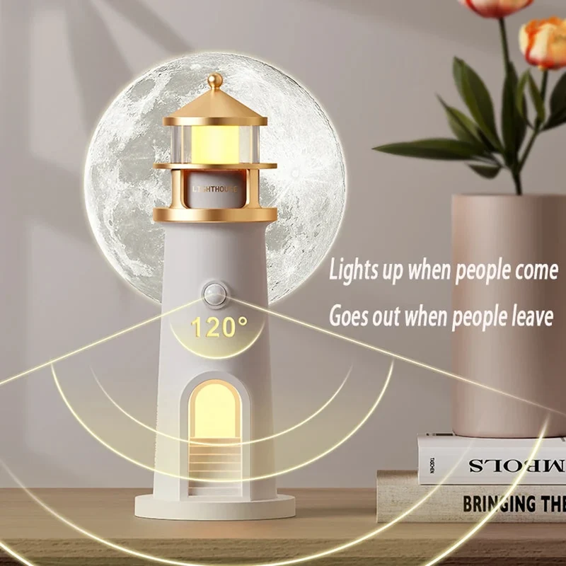 Moon Projection Lighthouse Night Light - Remote Control, Motion Sensor, Rechargeable