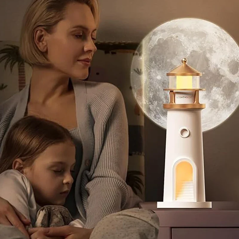 Moon Projection Lighthouse Night Light - Remote Control, Motion Sensor, Rechargeable