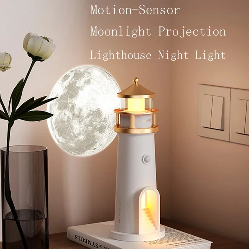 Moon Projection Lighthouse Night Light - Remote Control, Motion Sensor, Rechargeable