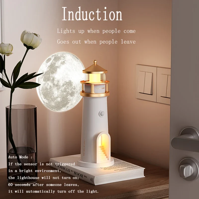 Moon Projection Lighthouse Night Light - Remote Control, Motion Sensor, Rechargeable