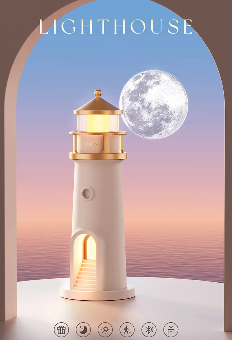 Moon Projection Lighthouse Night Light - Remote Control, Motion Sensor, Rechargeable