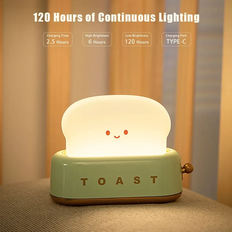 Bread Toast Cartoon LED Night Light - Warm 3000K Glow, Timer & Battery Powered