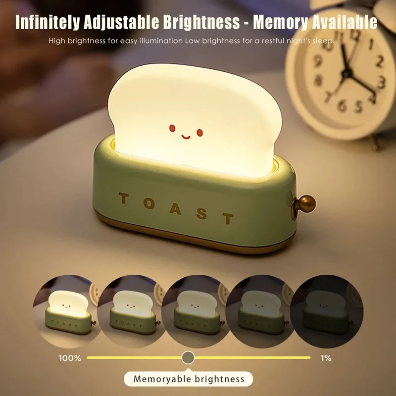 Bread Toast Cartoon LED Night Light - Warm 3000K Glow, Timer & Battery Powered
