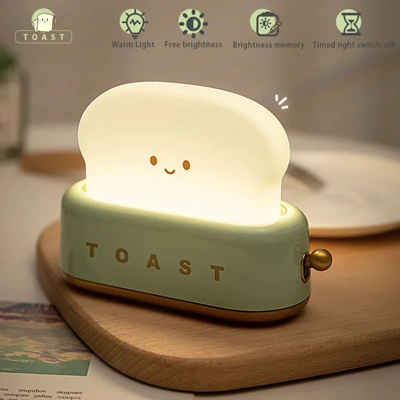 Bread Toast Cartoon LED Night Light - Warm 3000K Glow, Timer & Battery Powered