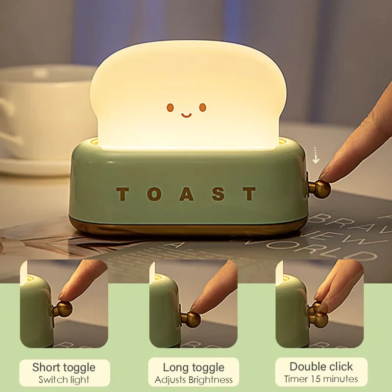Bread Toast Cartoon LED Night Light - Warm 3000K Glow, Timer & Battery Powered