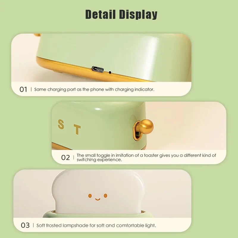 Bread Toast Cartoon LED Night Light - Warm 3000K Glow, Timer & Battery Powered