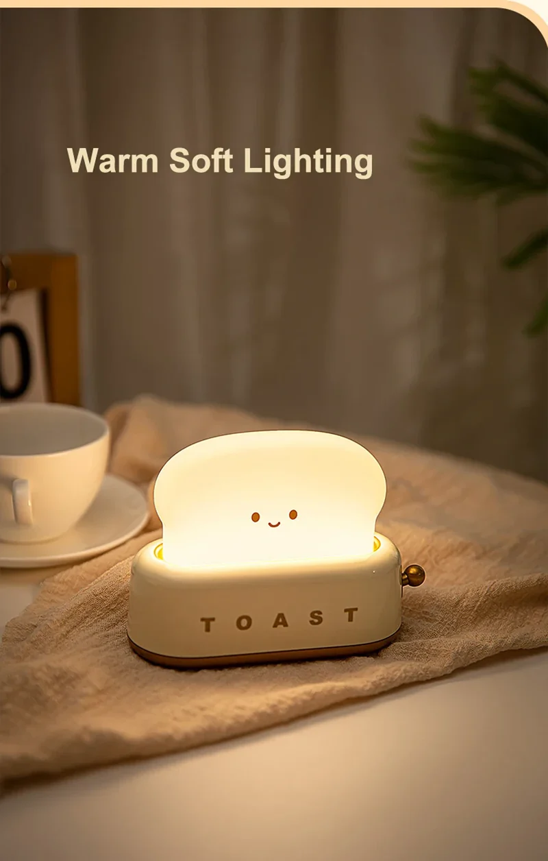 Bread Toast Cartoon LED Night Light - Warm 3000K Glow, Timer & Battery Powered