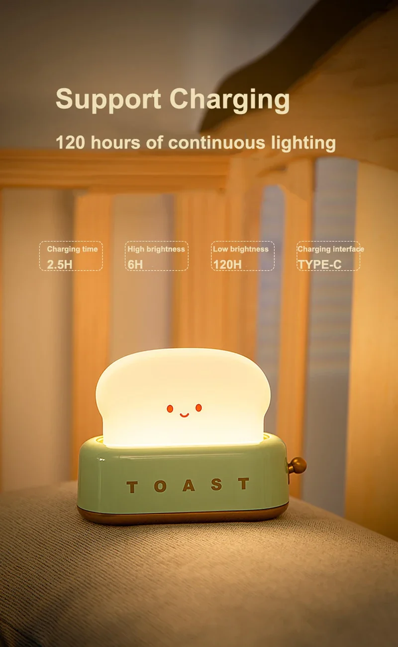 Bread Toast Cartoon LED Night Light - Warm 3000K Glow, Timer & Battery Powered