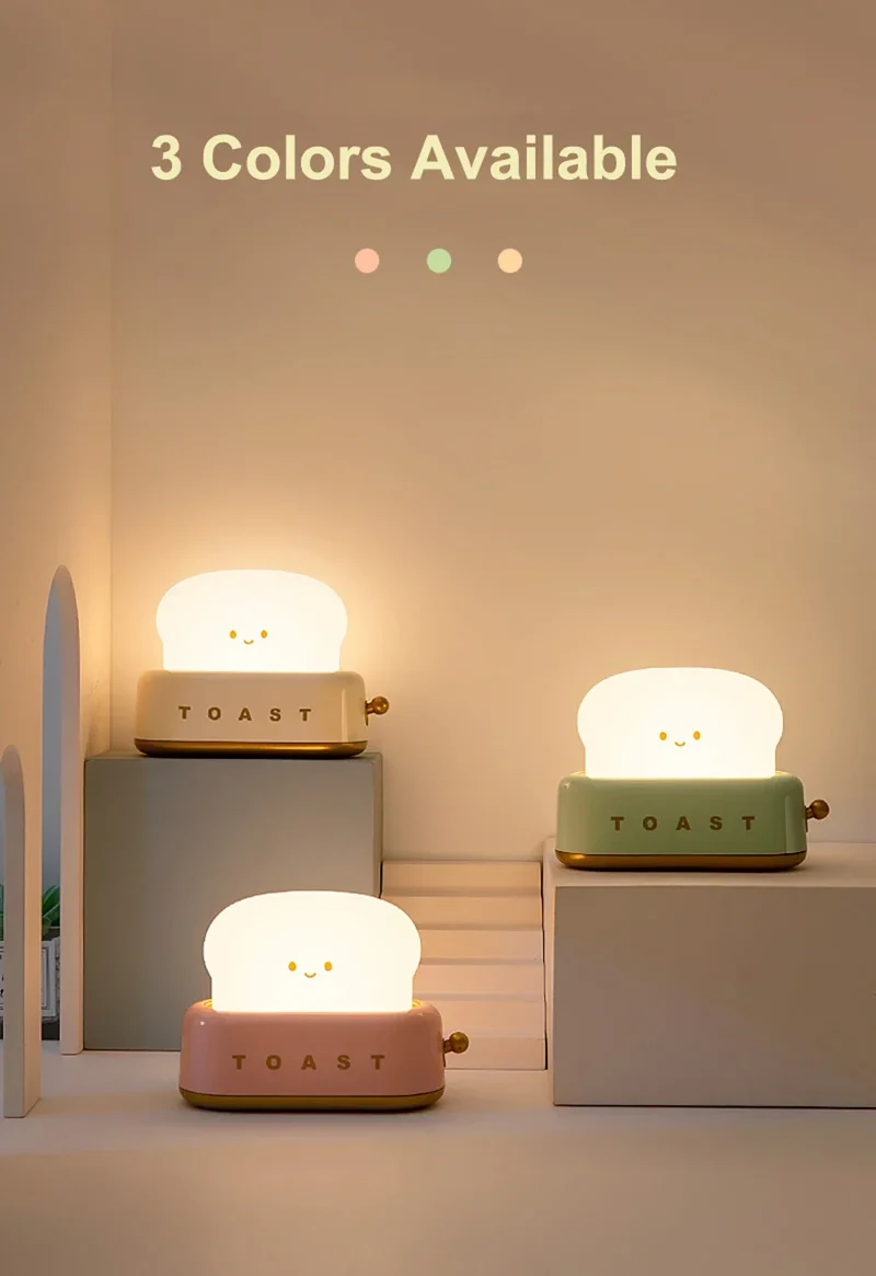 Bread Toast Cartoon LED Night Light - Warm 3000K Glow, Timer & Battery Powered