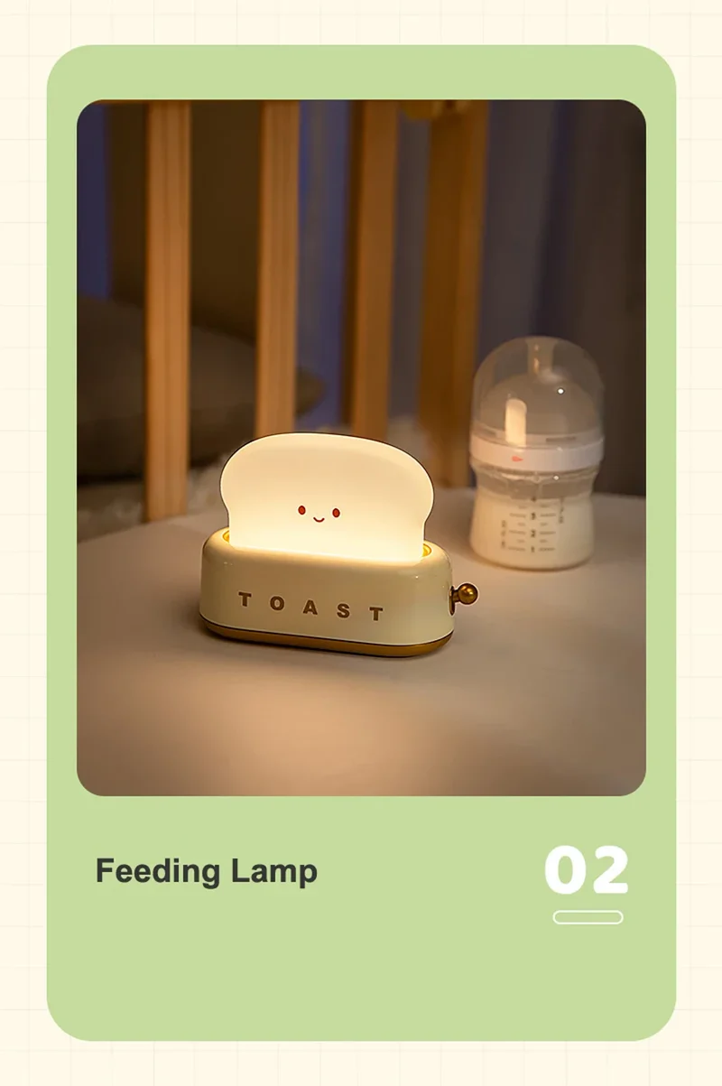 Bread Toast Cartoon LED Night Light - Warm 3000K Glow, Timer & Battery Powered