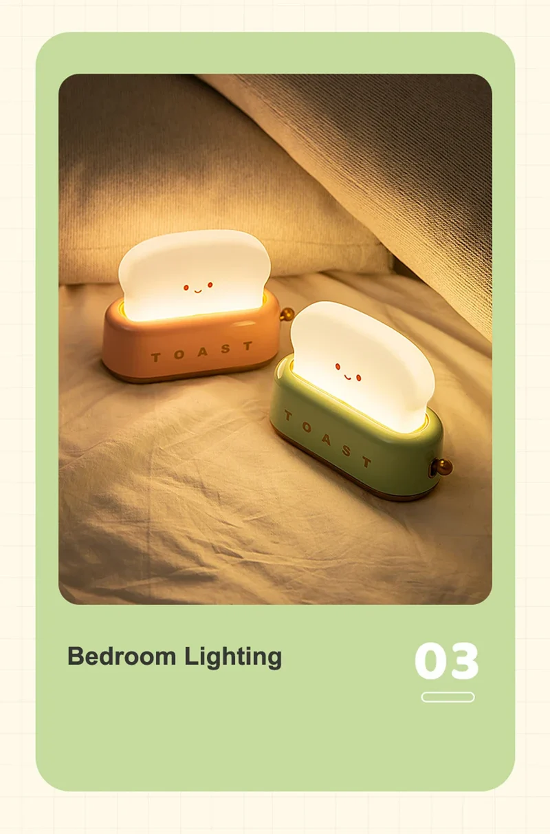 Bread Toast Cartoon LED Night Light - Warm 3000K Glow, Timer & Battery Powered
