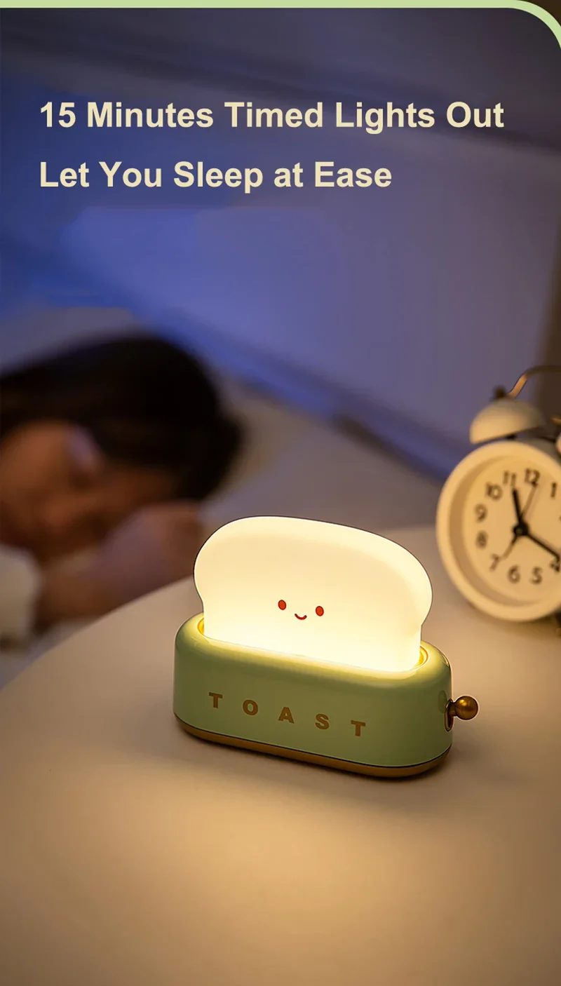 Bread Toast Cartoon LED Night Light - Warm 3000K Glow, Timer & Battery Powered