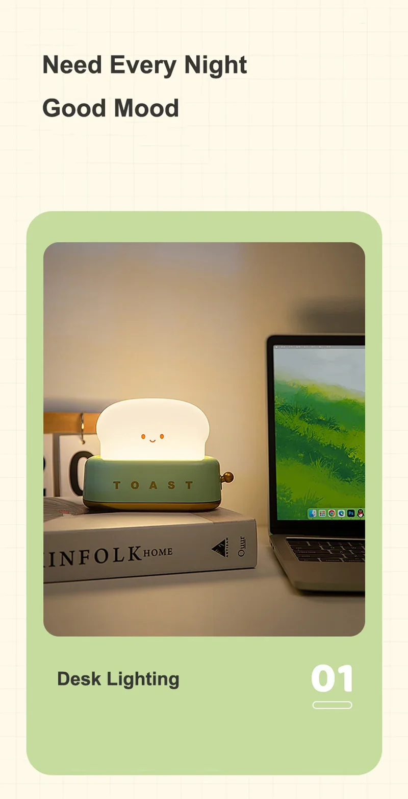 Bread Toast Cartoon LED Night Light - Warm 3000K Glow, Timer & Battery Powered