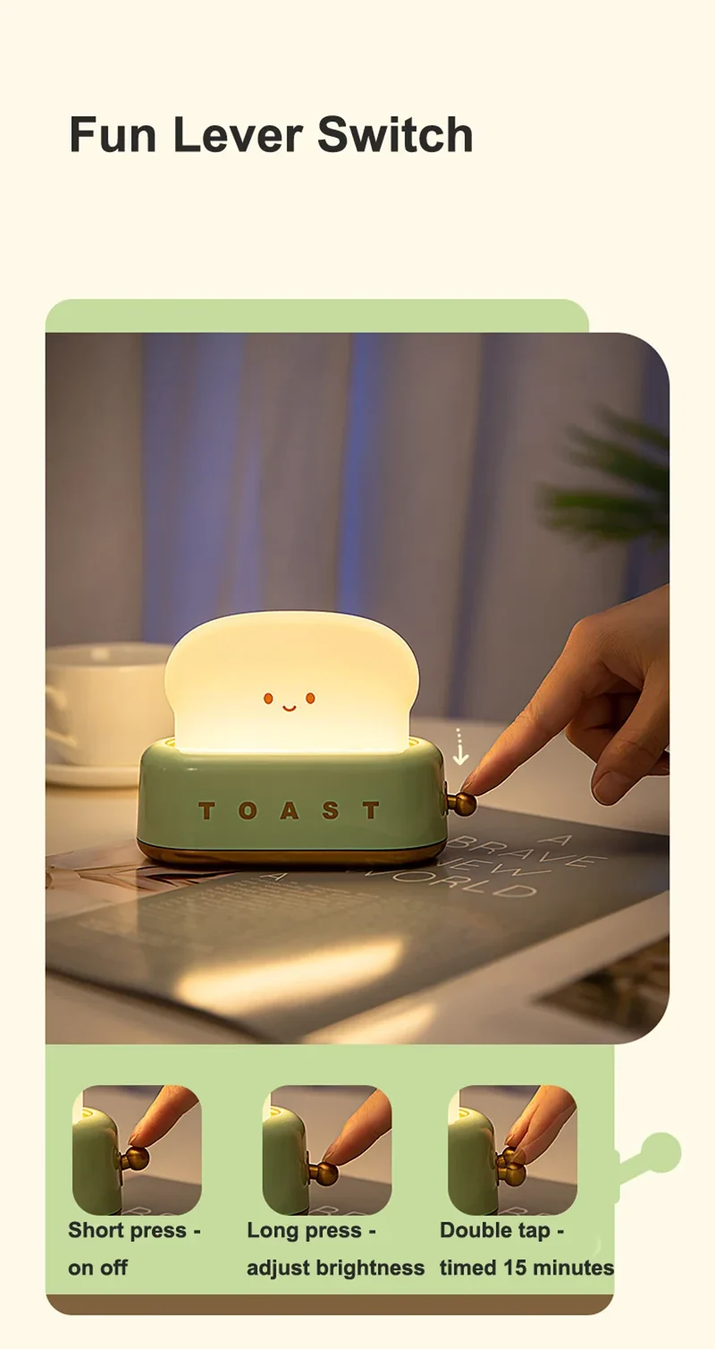 Bread Toast Cartoon LED Night Light - Warm 3000K Glow, Timer & Battery Powered