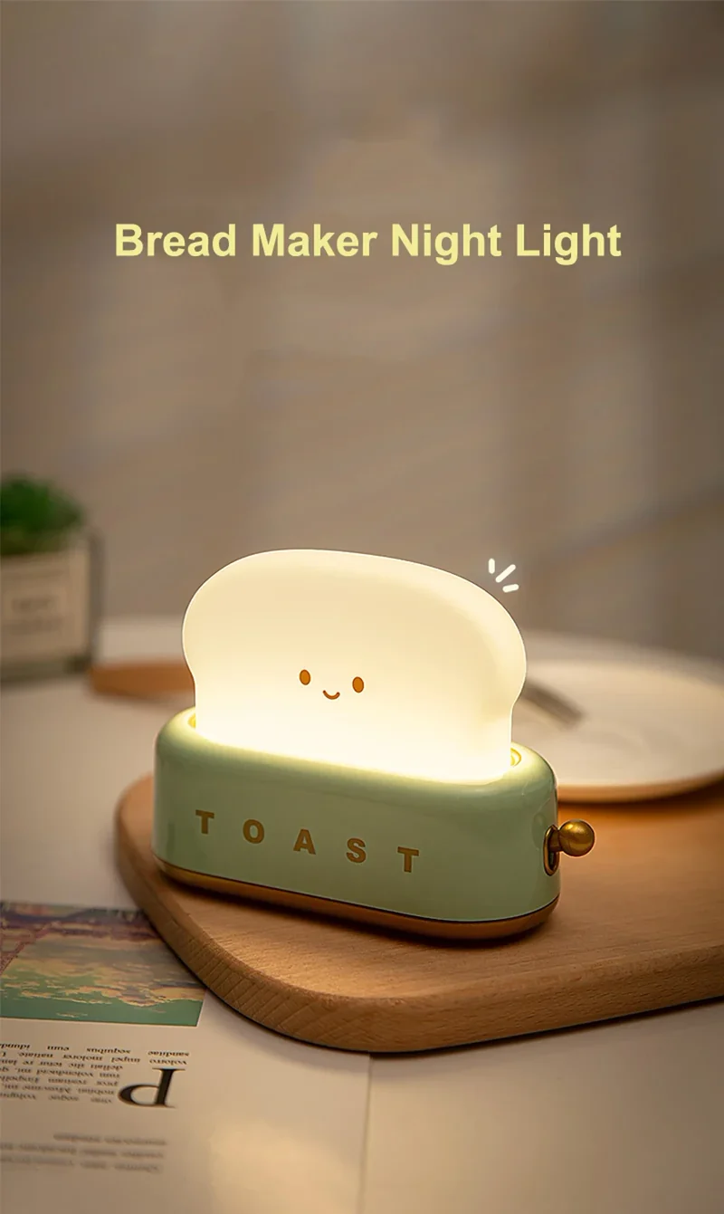 Bread Toast Cartoon LED Night Light - Warm 3000K Glow, Timer & Battery Powered