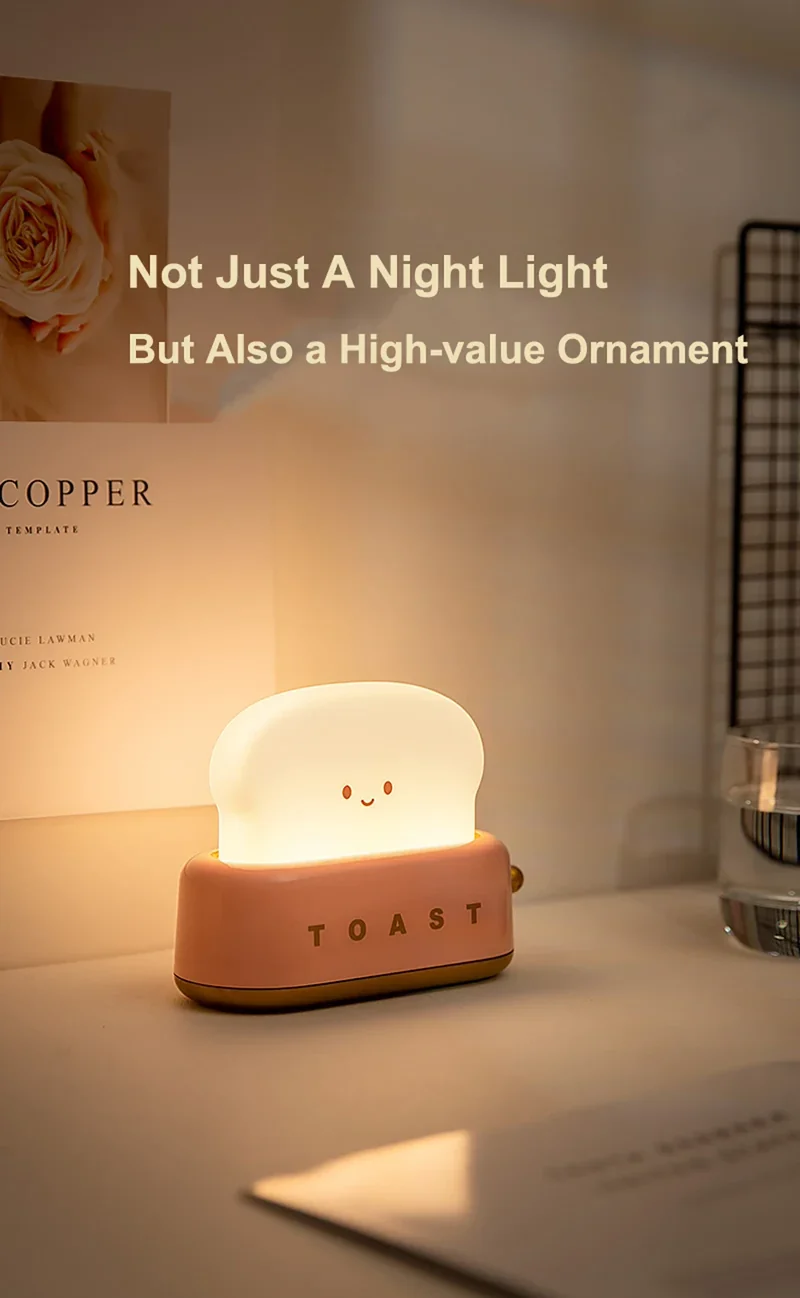 Bread Toast Cartoon LED Night Light - Warm 3000K Glow, Timer & Battery Powered