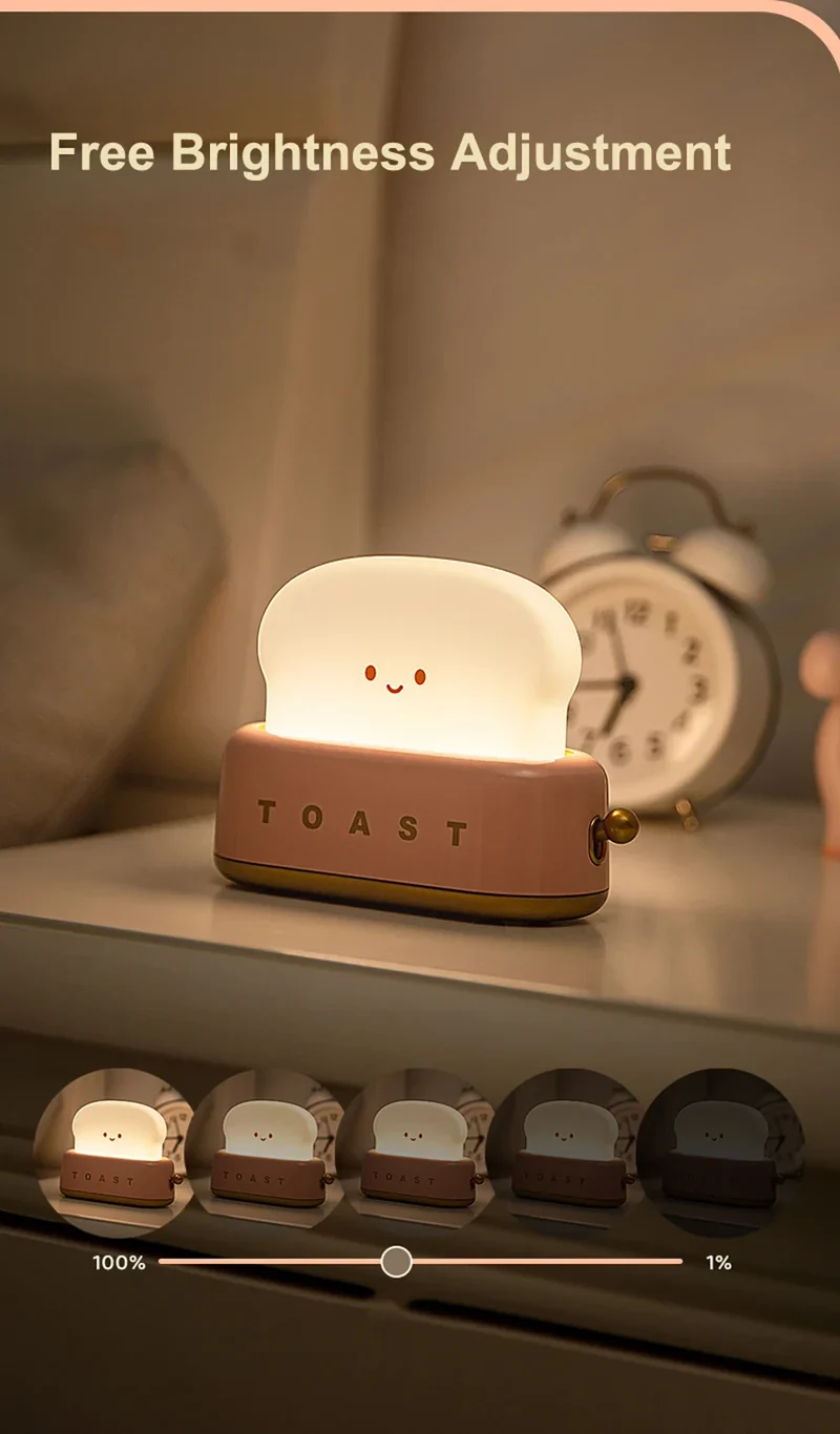 Bread Toast Cartoon LED Night Light - Warm 3000K Glow, Timer & Battery Powered