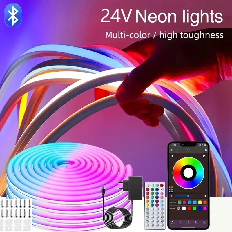 DC 24V RGB Neon Rope LED Strip Light - App Control, Music Sync, Waterproof, AC 110V/220V