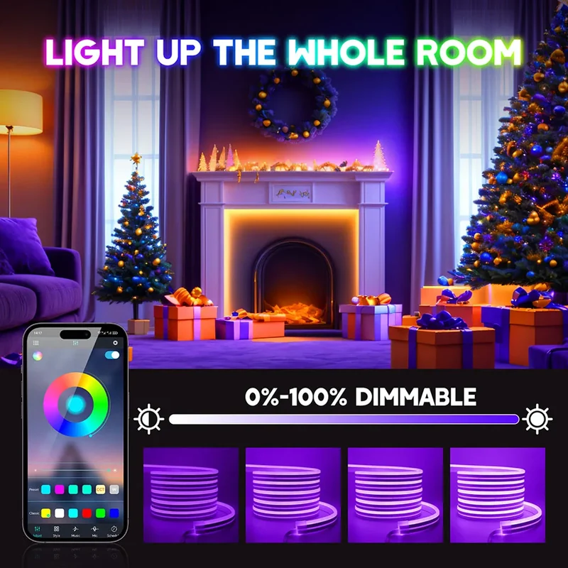 DC 24V RGB Neon Rope LED Strip Light - App Control, Music Sync, Waterproof, AC 110V/220V