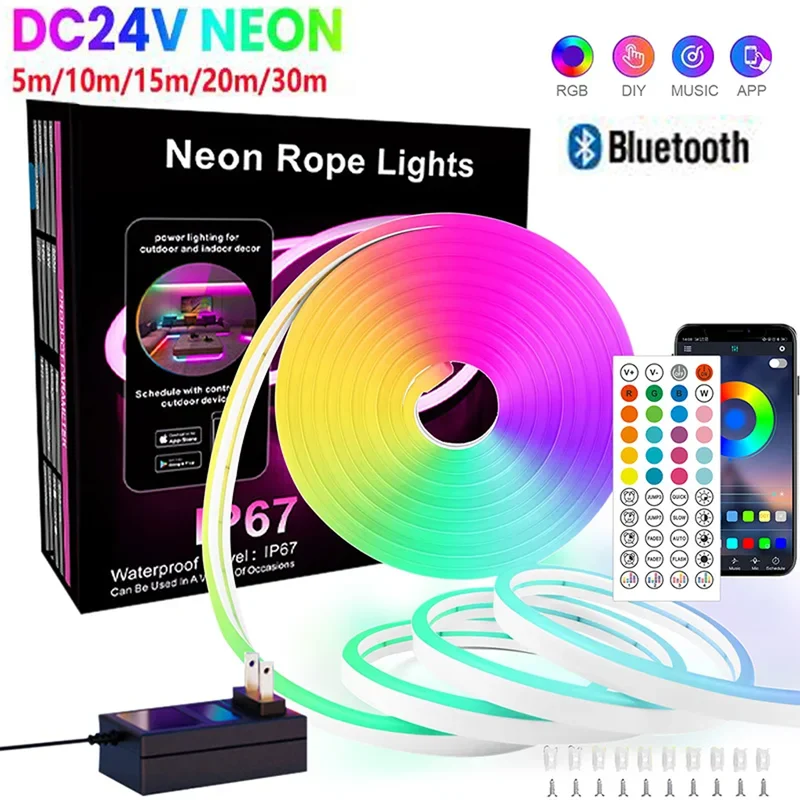 DC 24V RGB Neon Rope LED Strip Light - App Control, Music Sync, Waterproof, AC 110V/220V