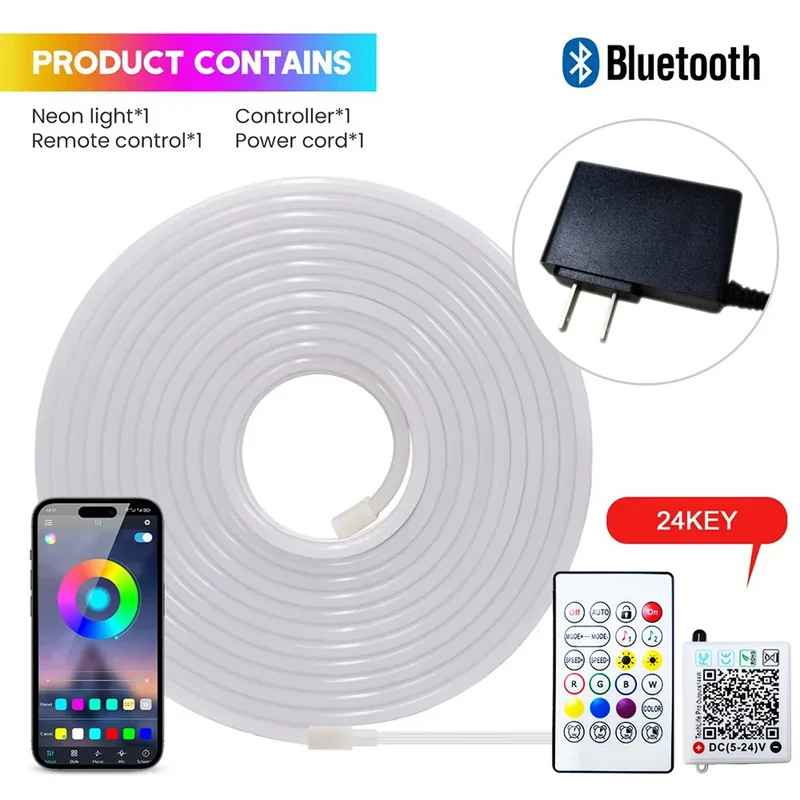 DC 24V RGB Neon Rope LED Strip Light - App Control, Music Sync, Waterproof, AC 110V/220V
