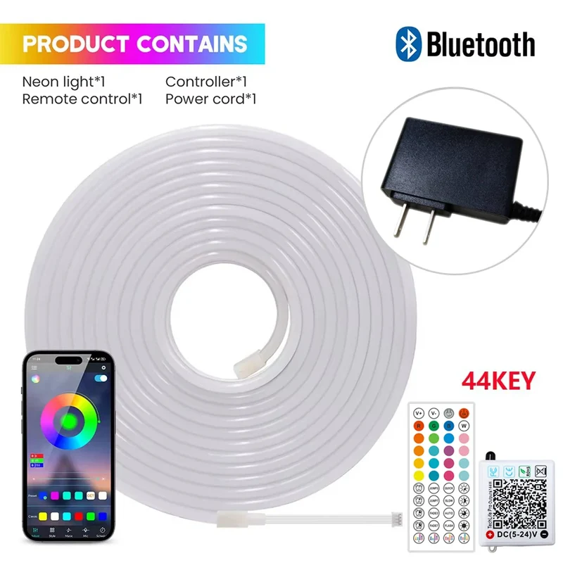 DC 24V RGB Neon Rope LED Strip Light - App Control, Music Sync, Waterproof, AC 110V/220V