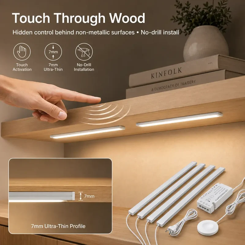 Touch & Hand Sweep Sensor Under Cabinet LED Light Bar - No-Drill, 7mm Ultra-Thin