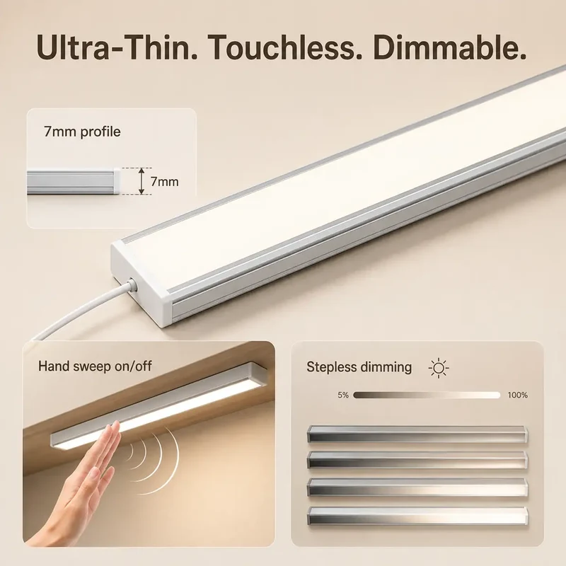 Touch & Hand Sweep Sensor Under Cabinet LED Light Bar - No-Drill, 7mm Ultra-Thin