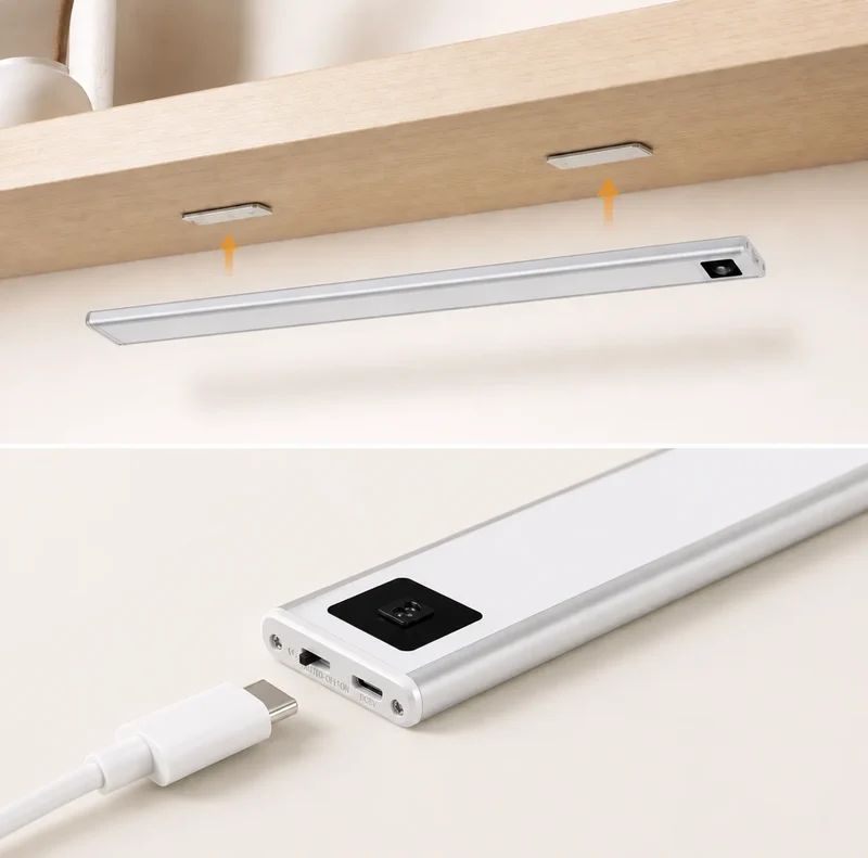Ultra-Thin Under Cabinet LED Light Bar - USB Rechargeable, Smart Sensor