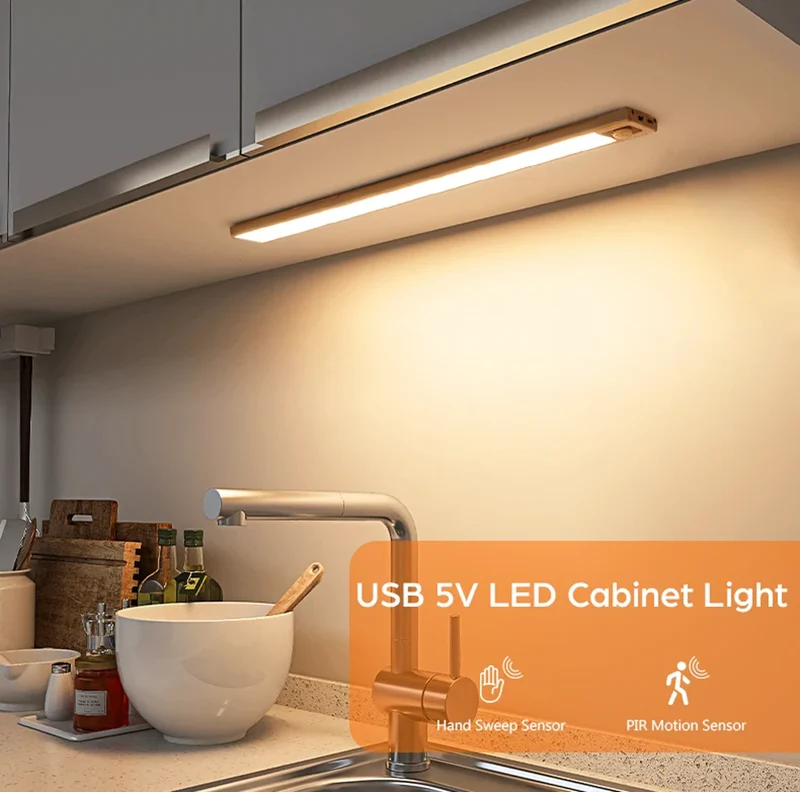 Ultra-Thin Under Cabinet LED Light Bar - USB Rechargeable, Smart Sensor