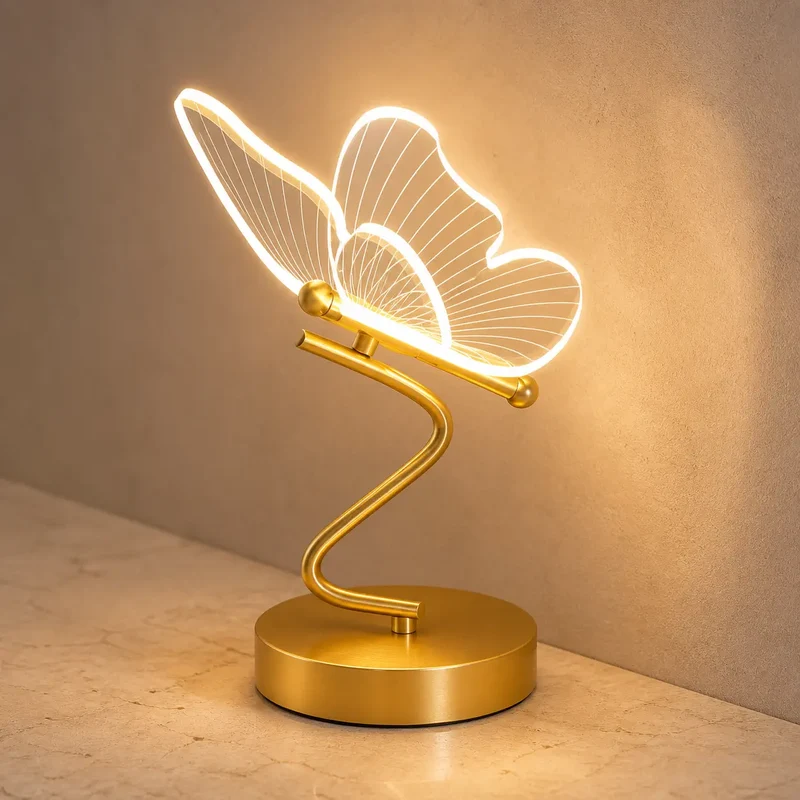 Nordic Golden Butterfly LED Table Lamp - Three-Color, Bedside & Desk Lighting