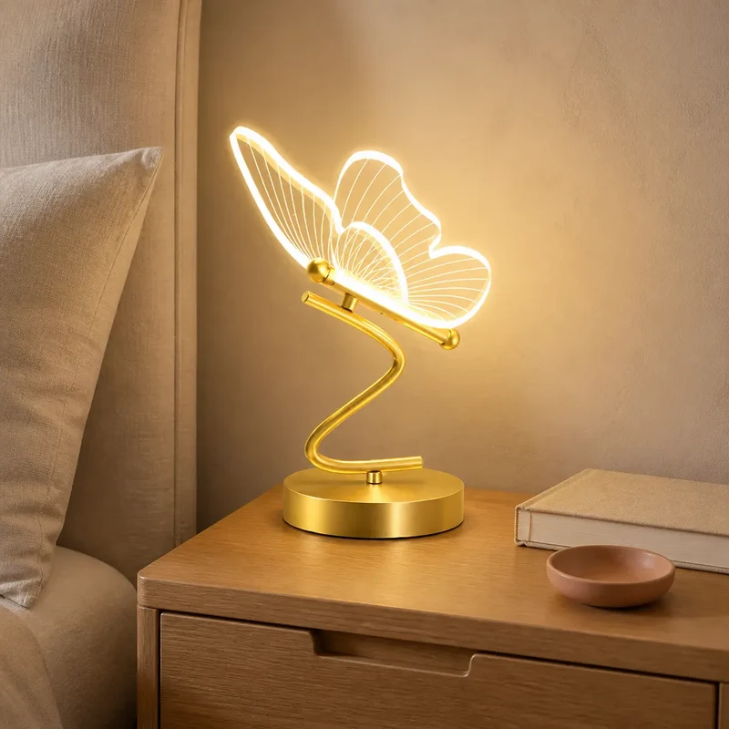 Nordic Golden Butterfly LED Table Lamp - Three-Color, Bedside & Desk Lighting