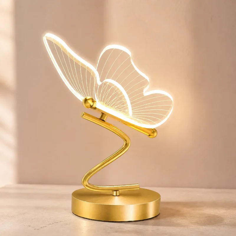 Nordic Golden Butterfly LED Table Lamp - Three-Color, Bedside & Desk Lighting