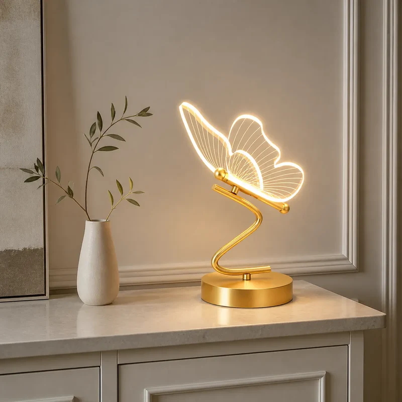 Nordic Golden Butterfly LED Table Lamp - Three-Color, Bedside & Desk Lighting