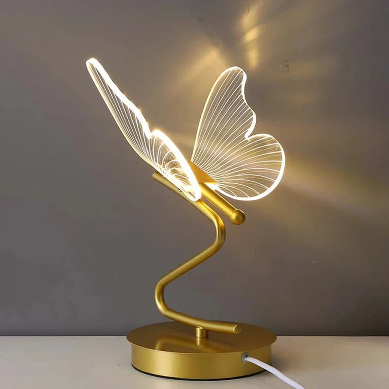 Nordic Golden Butterfly LED Table Lamp - Three-Color, Bedside & Desk Lighting