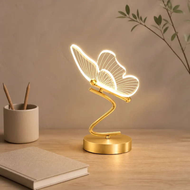 Nordic Golden Butterfly LED Table Lamp - Three-Color, Bedside & Desk Lighting