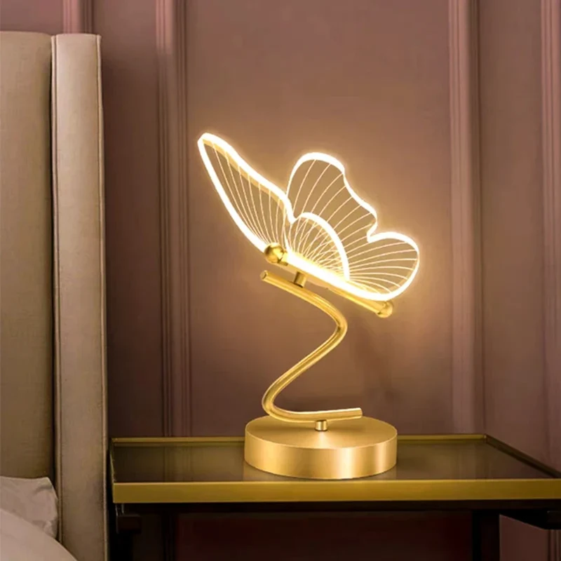 Nordic Golden Butterfly LED Table Lamp - Three-Color, Bedside & Desk Lighting